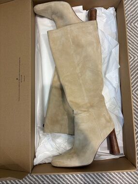 Vince Beige Suede Knee-High Heeled Boots